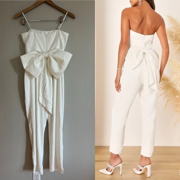 NWOT Beloved Bliss Ivory Strapless Slim Leg Bow Jumpsuit - Picture 3 of 7